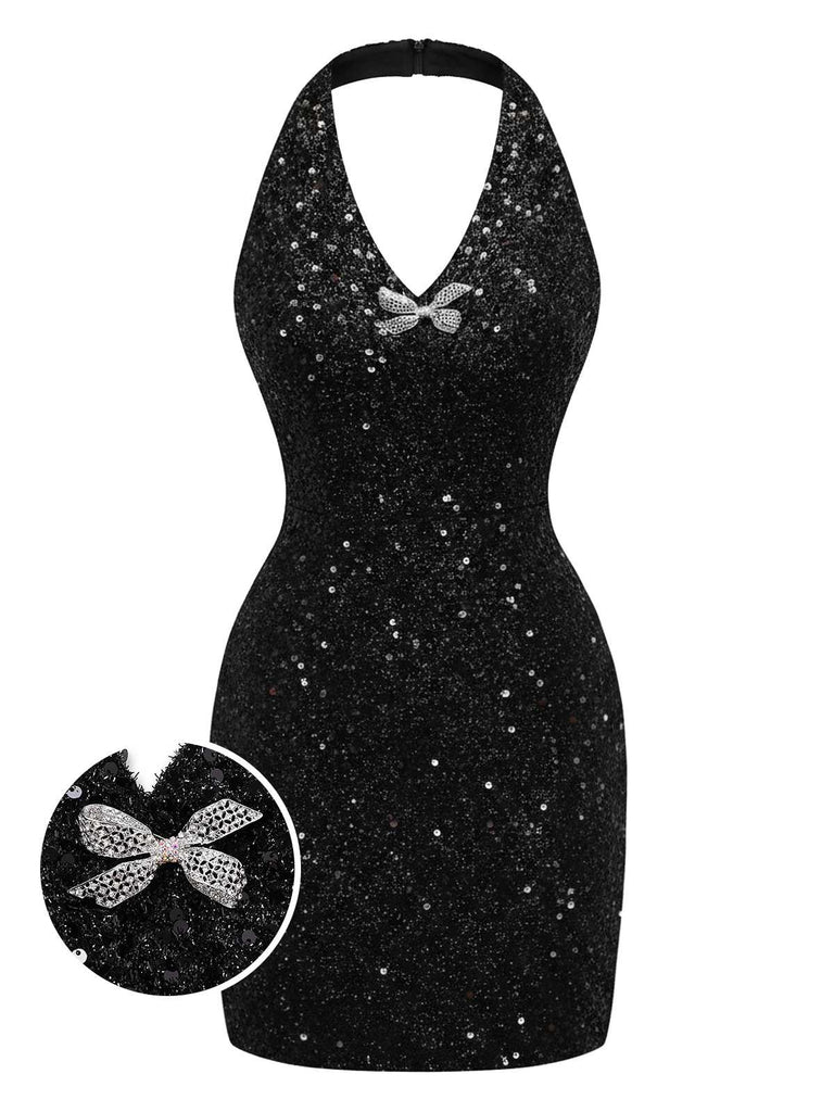[Pré-vente] Robe crayon noire dos nu à paillettes et nœud des années 1960