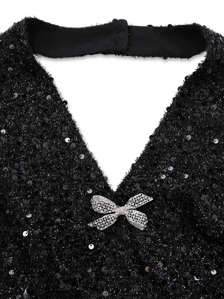 [Prévente] 2PCS robe dos nu à paillettes noires et jupe en maille des années 60