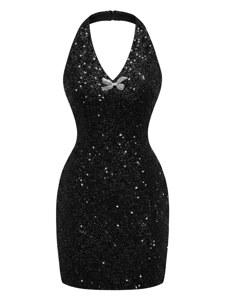 [Prévente] 2PCS robe dos nu à paillettes noires et jupe en maille des années 60