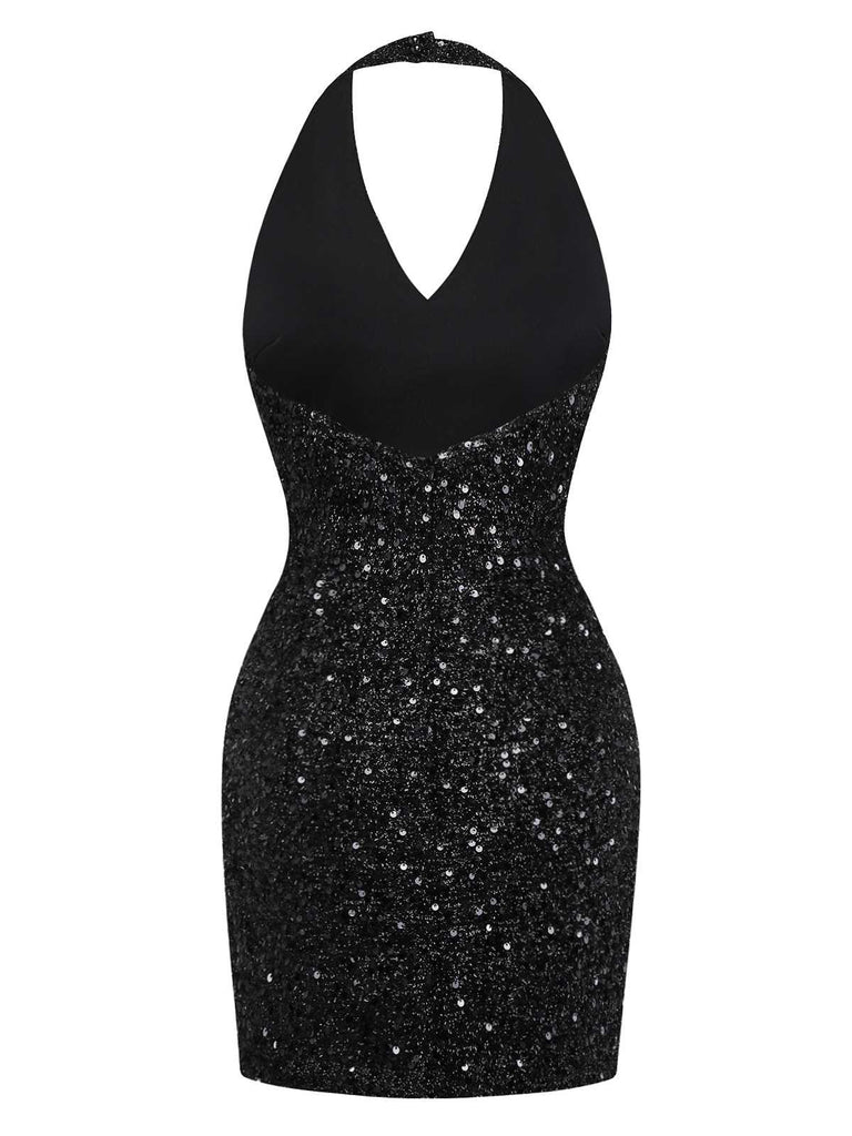 [Pré-vente] Robe crayon noire dos nu à paillettes et nœud des années 1960