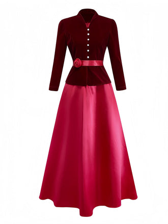 2PCS Veste en velours à col en V et jupe vin rouge années 1940