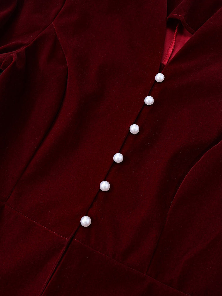 2PCS Veste en velours à col en V et jupe vin rouge années 1940