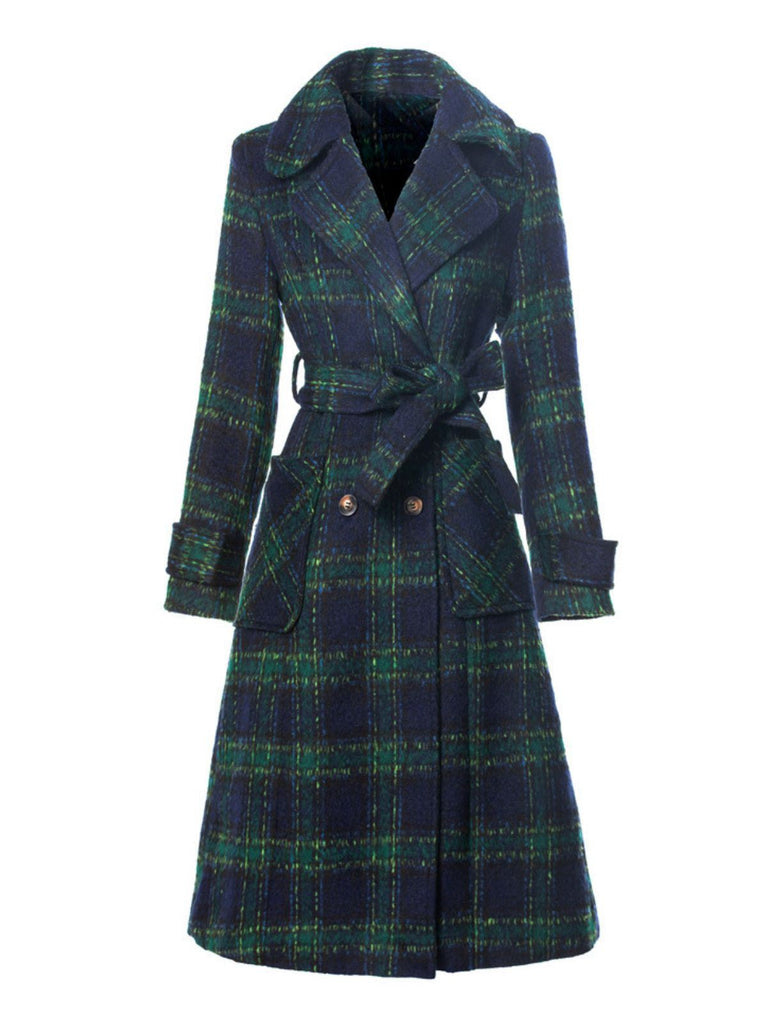 Manteau long vert à carreaux Blackwatch col cranté des années 1940