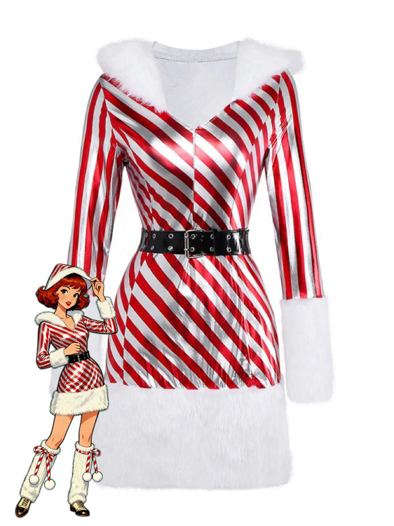 Robe à capuche et jambières rouges à rayures style canne à sucre des années 1960