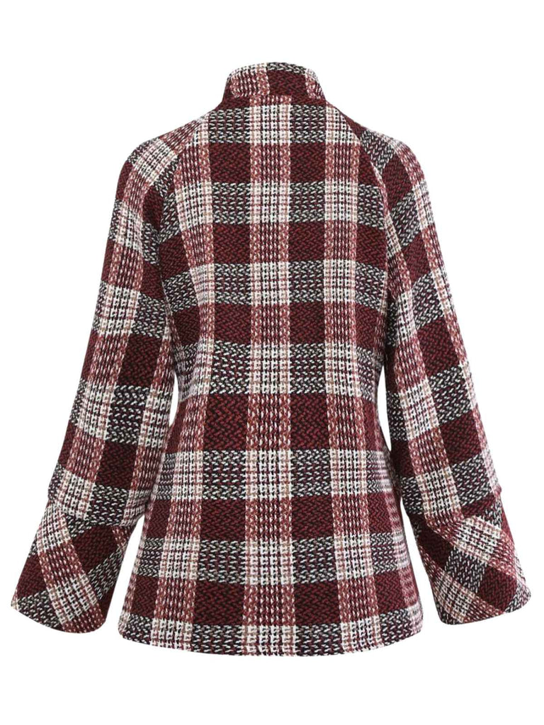 Manteau rouge à carreaux en tweed col montant des années 1950