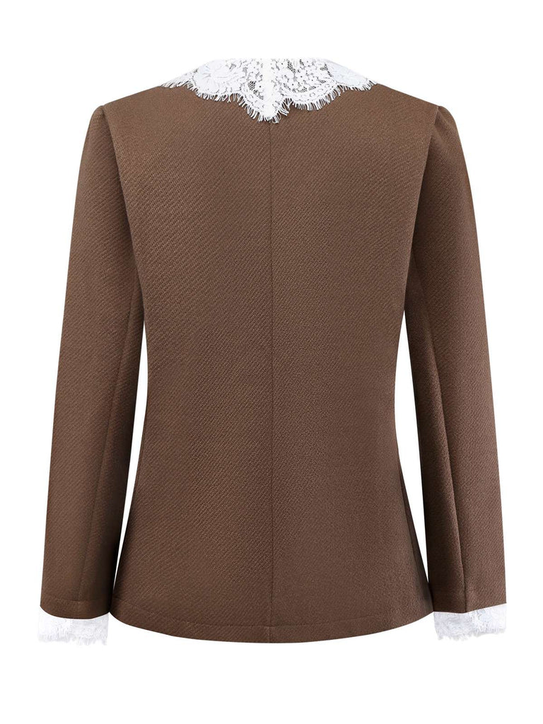 Veste marron patchwork de dentelle à manches longues nnées 1950