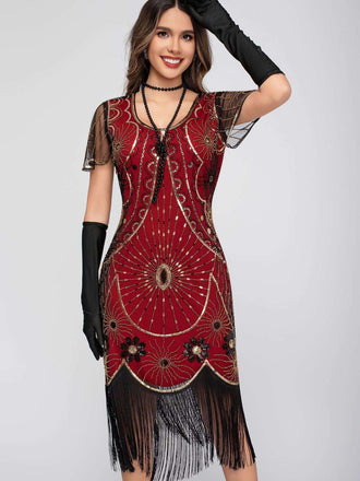 Robe à franges et paillettes à encolure dégagée des années 1920