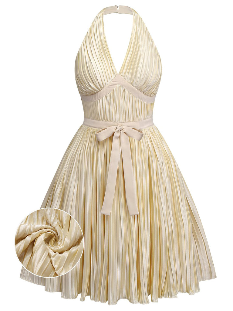 [Pré-vente] [Grande taille] Robe plissée dos nu à nœud et nœud doré champagne des années 50