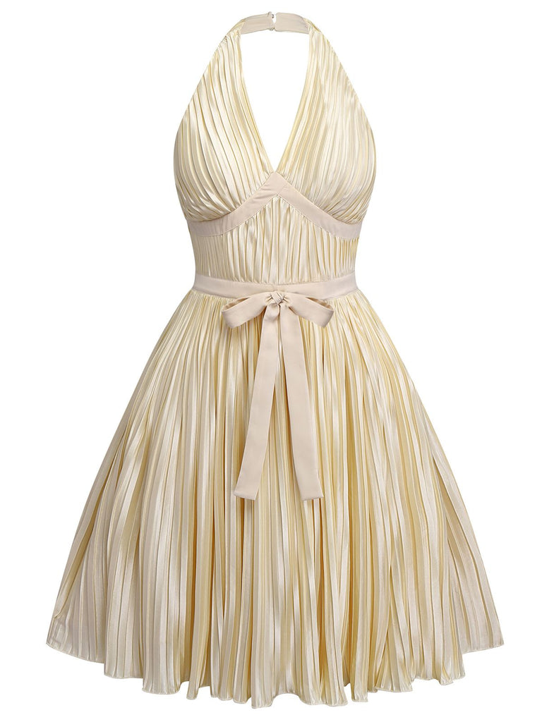 [Pré-vente] [Grande taille] Robe plissée dos nu à nœud et nœud doré champagne des années 50
