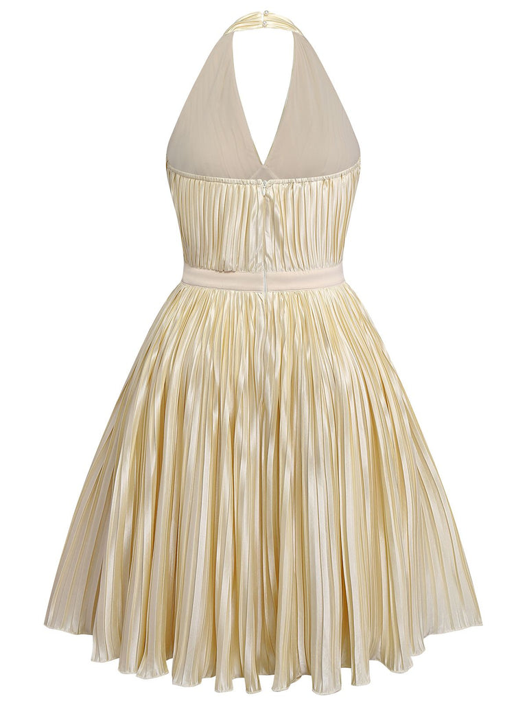 [Pré-vente] [Grande taille] Robe plissée dos nu à nœud et nœud doré champagne des années 50