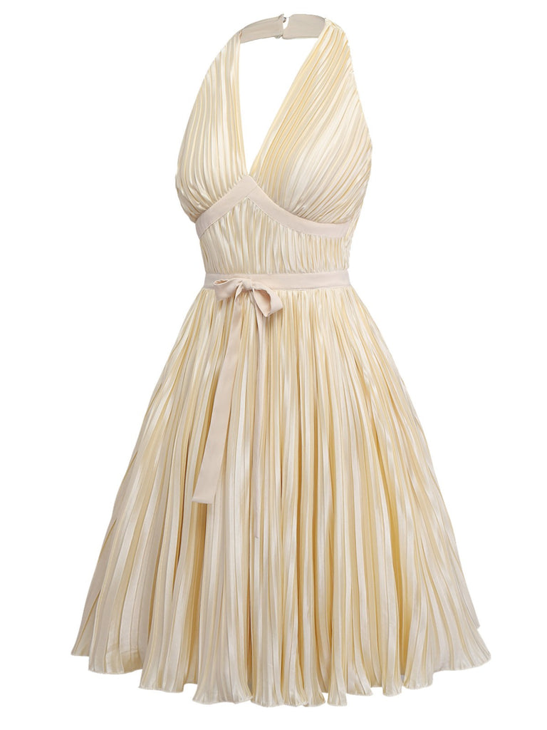 [Pré-vente] [Grande taille] Robe plissée dos nu à nœud et nœud doré champagne des années 50