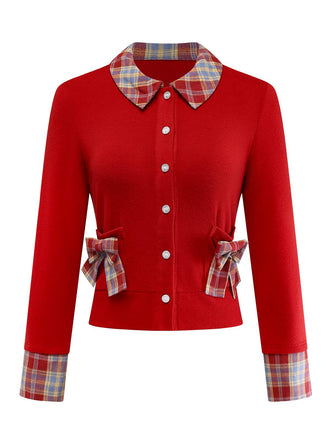 [Prévente] Cardigan tricoté à carreaux tartan rouge avec nœud papillon années 1970