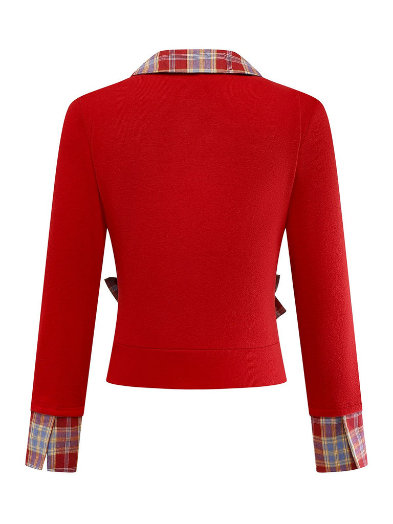 [Prévente] Cardigan tricoté à carreaux tartan rouge avec nœud papillon années 1970