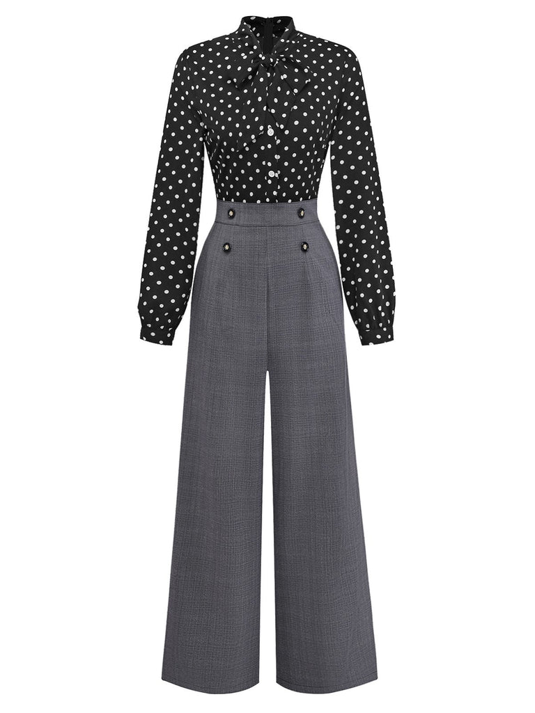 [Pré-vente] Combinaison col noué à pois patchwork noire des années 1950