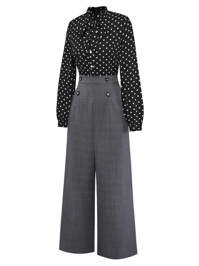 [Pré-vente] Combinaison col noué à pois patchwork noire des années 1950