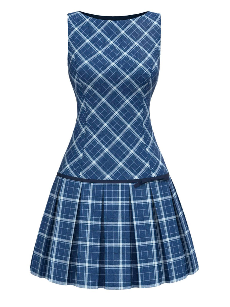[Prévente] Robe en tartan plissée bleue à nœud des années 1960