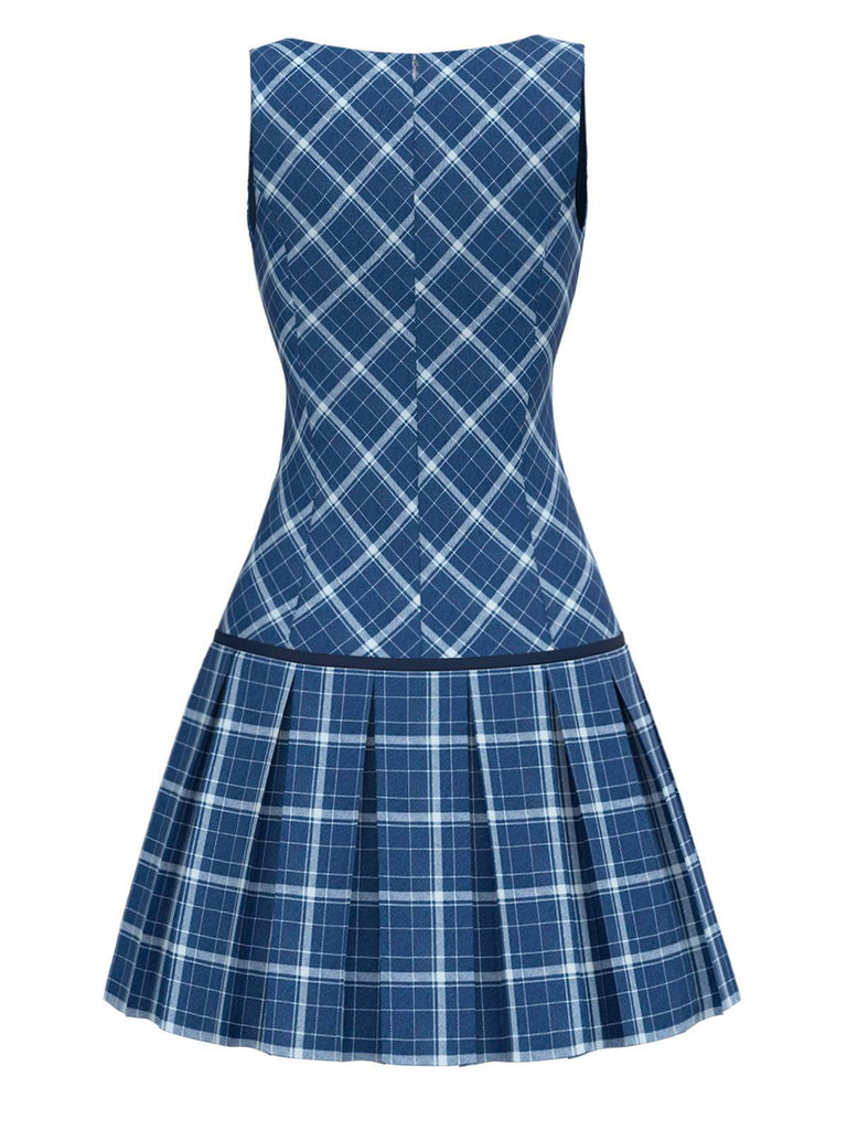 [Prévente] Robe en tartan plissée bleue à nœud des années 1960