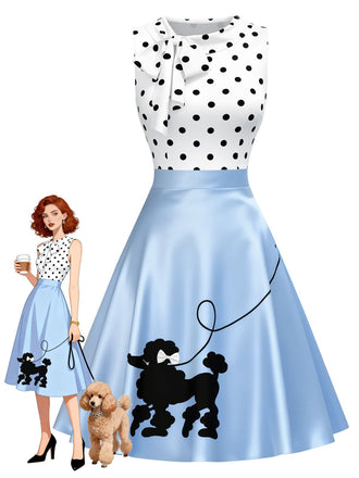 [Prévente] Robe bleue style caniche à pois et nœud années 1950