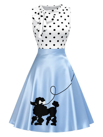 [Prévente] Robe bleue style caniche à pois et nœud années 1950