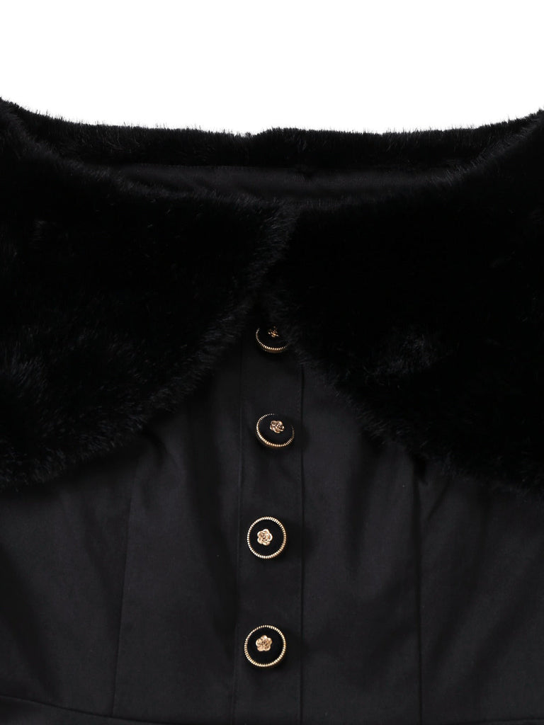 [Pré-vente] Robe noire à cape en peluche épaisse boutonnée des années 1950