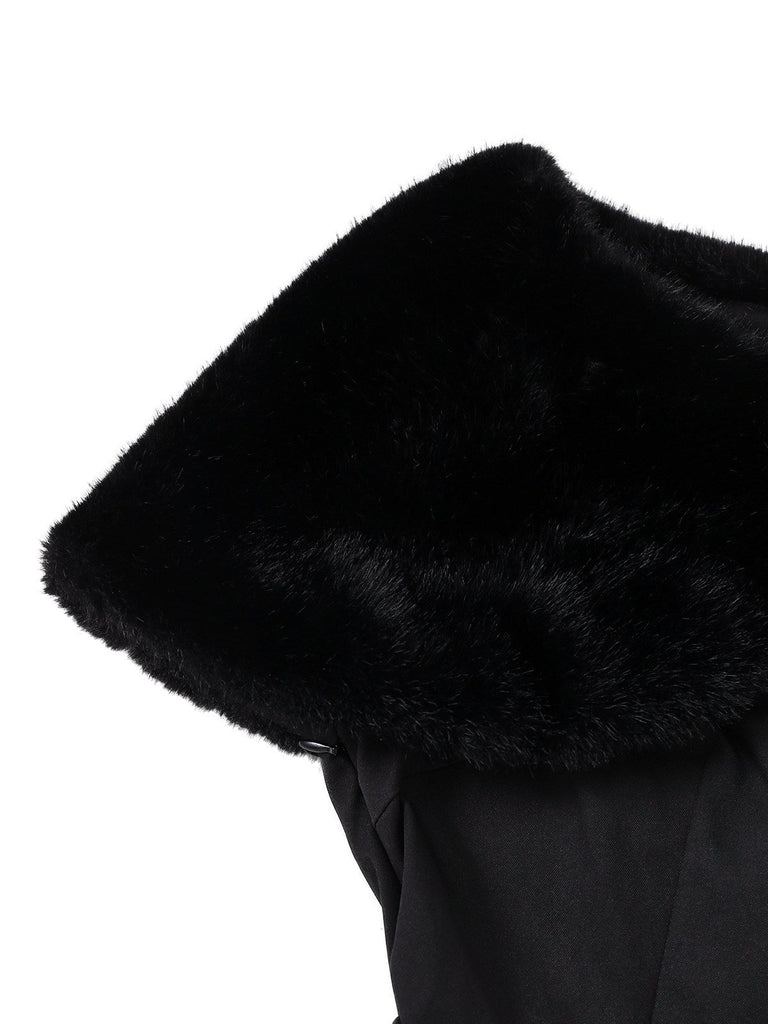 [Pré-vente] Robe noire à cape en peluche épaisse boutonnée des années 1950
