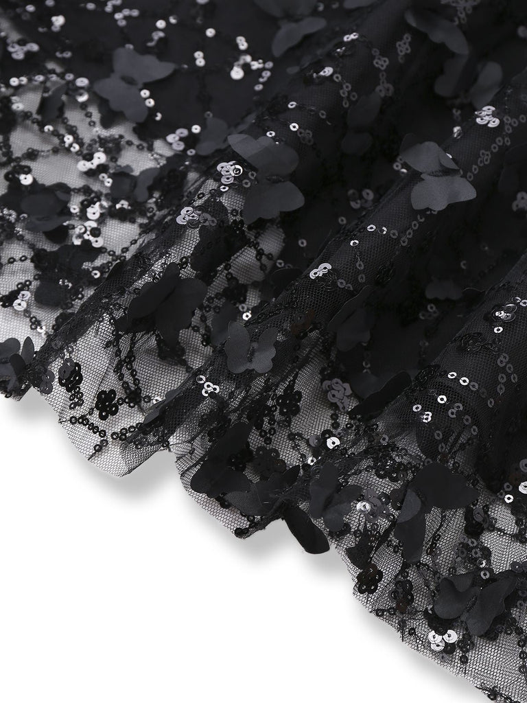 [Prévente] Robe midi noire à sequins roses en dentelle années 1970