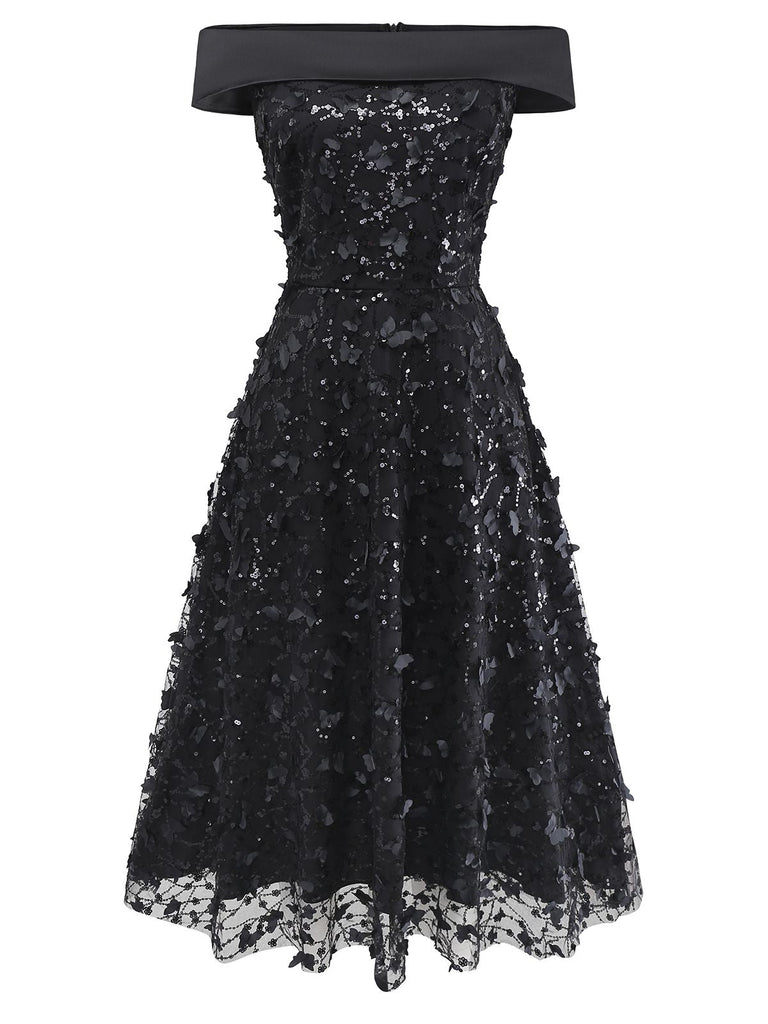[Prévente] Robe midi noire à sequins roses en dentelle années 1970
