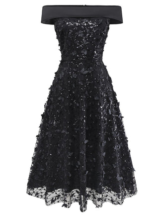 [Prévente] Robe midi noire à sequins roses en dentelle années 1970