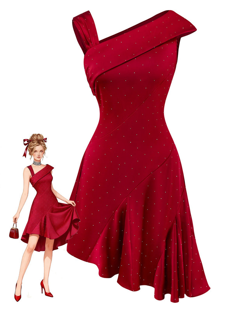 [Prévente] Robe bordeaux en satin et strass épaules dénudées années 1960