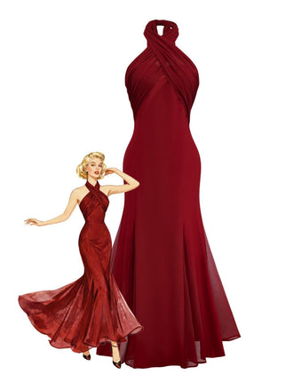 Robe convertible à col licou croisée en mousseline de soie années 1930