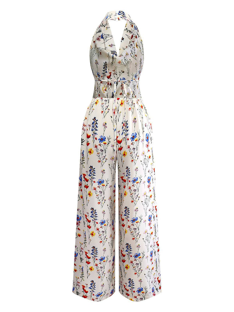 Combinaison à col licou fleurie beige années 1950