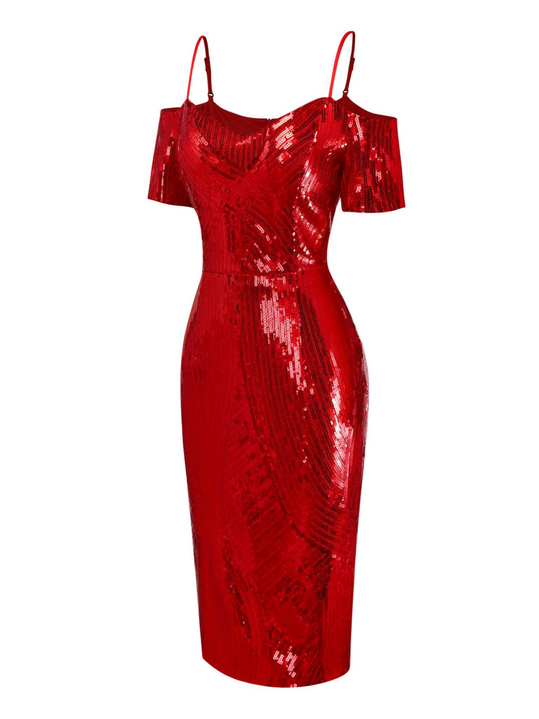 [Prévente] Robe crayon rouge à sequins et épaules dénudée années 1960