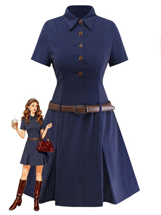 [Prévente] Robe chemise plissée à fines rayures bleues des années 70