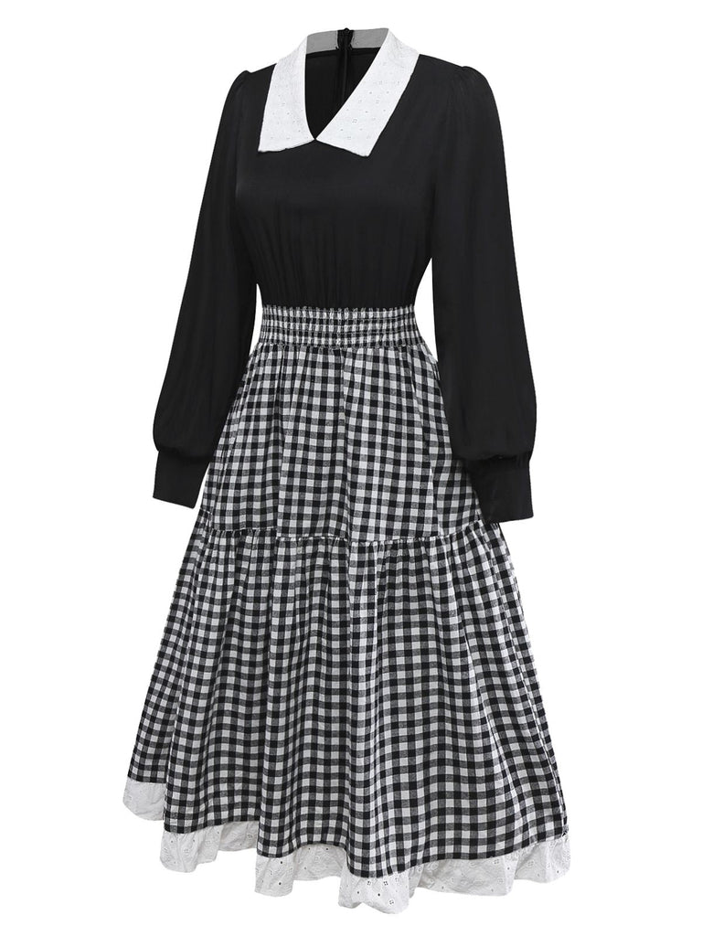 [Prévente] Robe noire patchwork à carreaux avec dentelle brodée années 1950