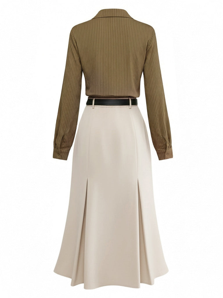 [Prévente] Robe beige rayé patchwork plissée col revers et cravate années 1930