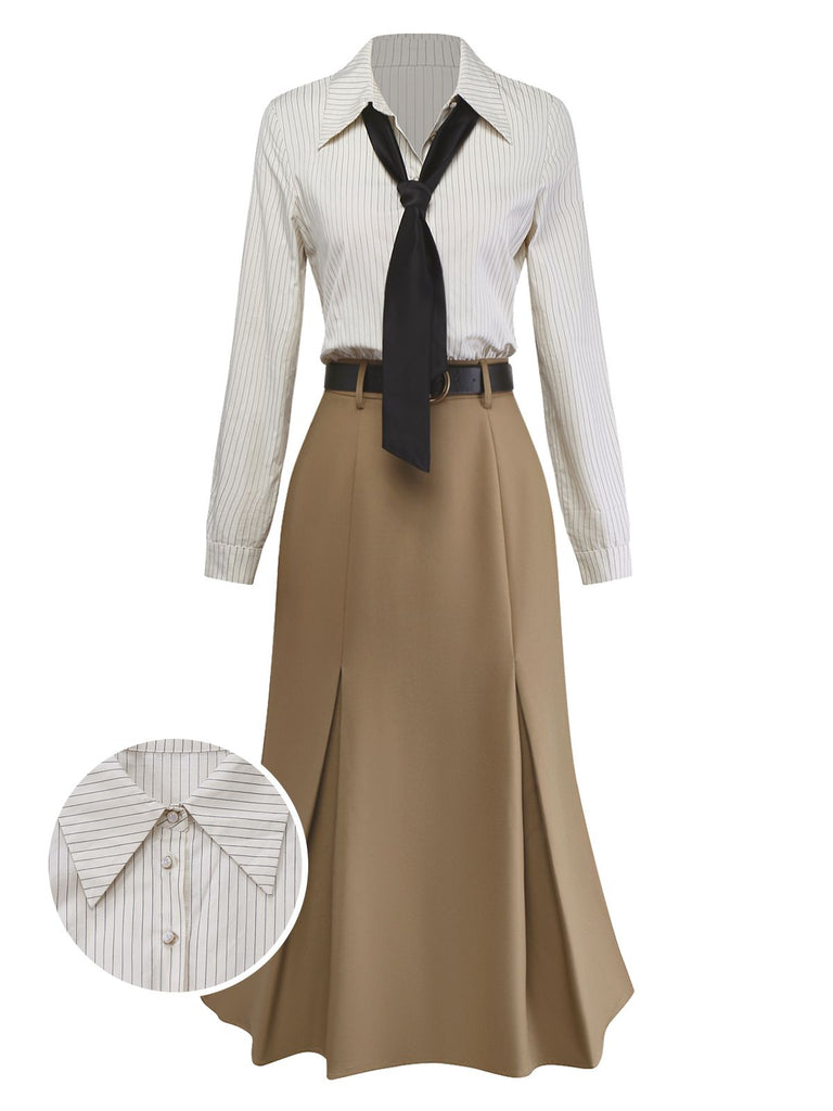 [Prévente] Robe beige rayé patchwork plissée col revers et cravate années 1930