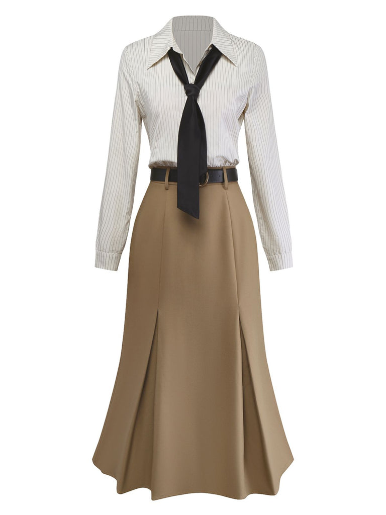 [Prévente] Robe beige rayé patchwork plissée col revers et cravate années 1930