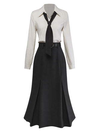 [Prévente] Robe noir rayé patchwork plissée col revers et cravate années 1930