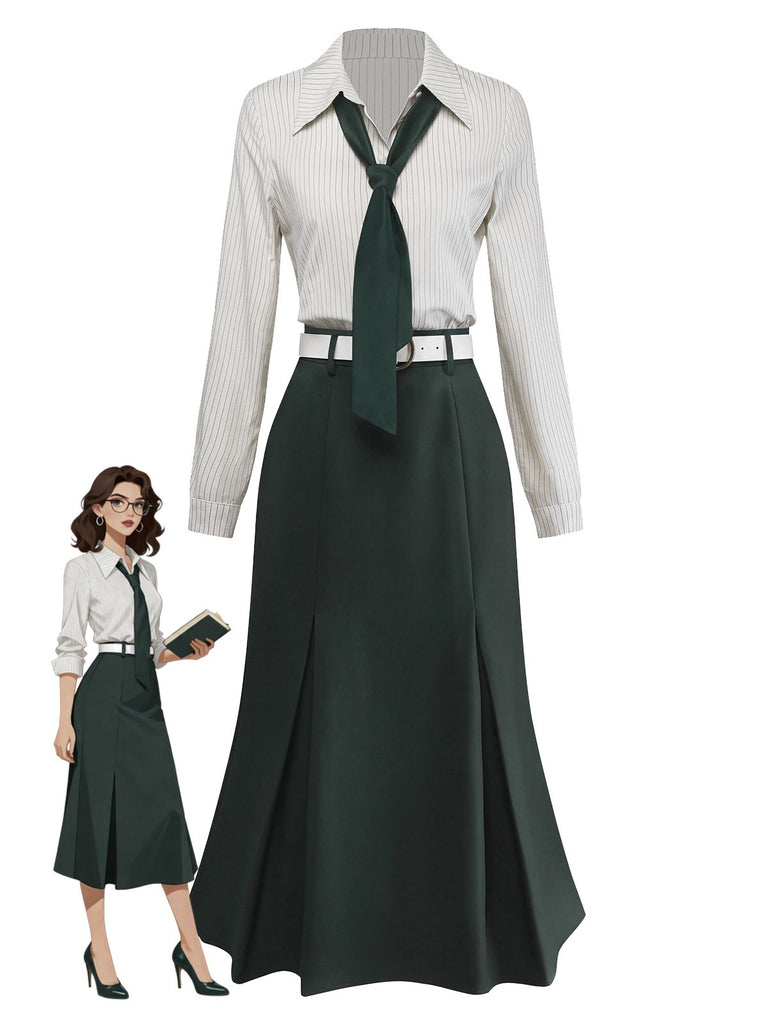 [Prévente] Robe Vert patchwork plissée col revers et cravate années 1930