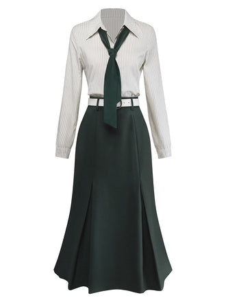 [Prévente] Robe Vert patchwork plissée col revers et cravate années 1930