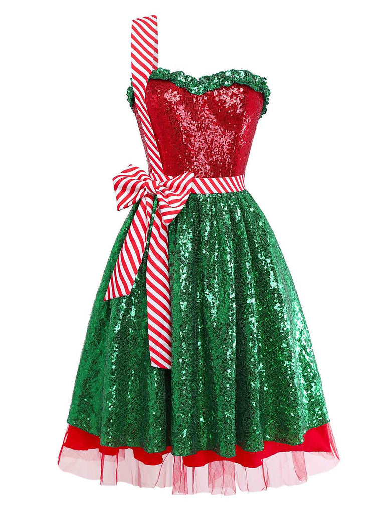 [Pré-vente] Robe de Noël avec nœud papillon et bretelle unique en maille des années 1970