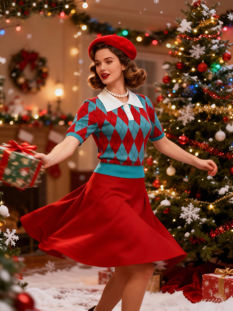 Pull à revers à carreaux losanges et blocs de couleur années 1930