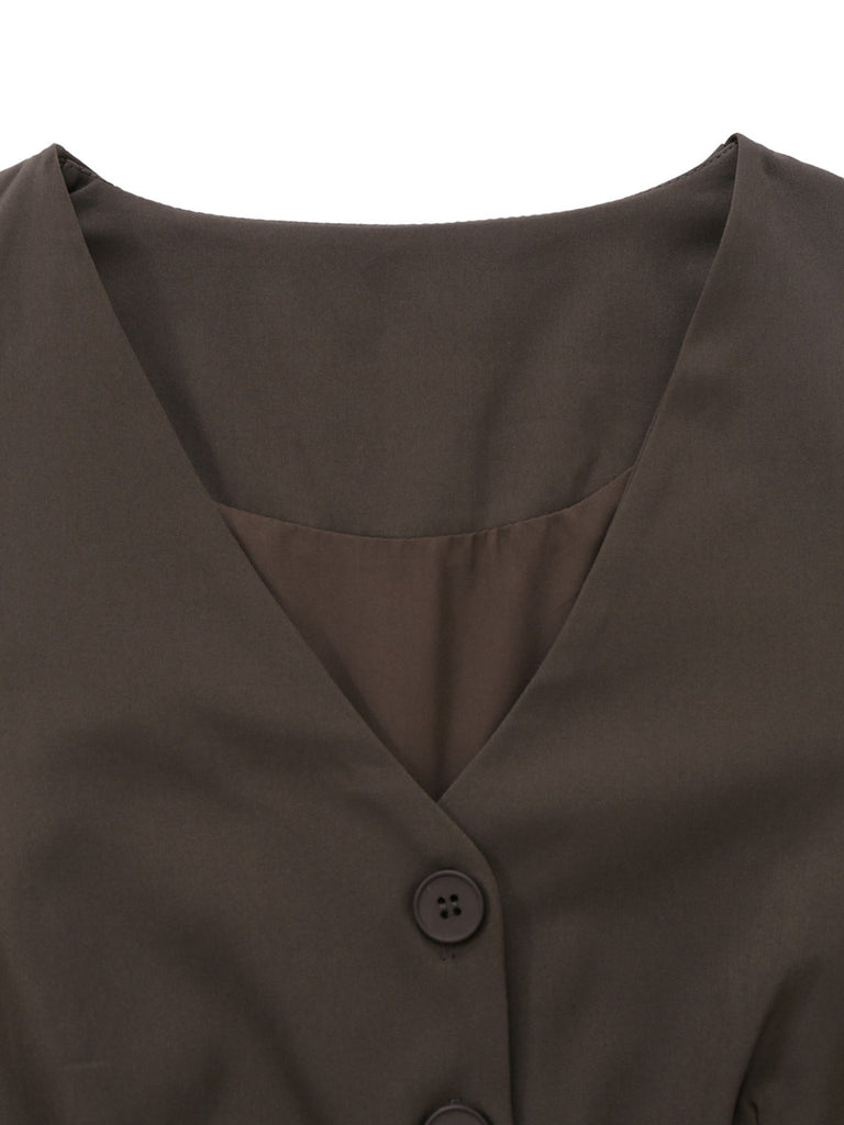2PCS Gilet sans manches marron et jupe midi plissée années 1940