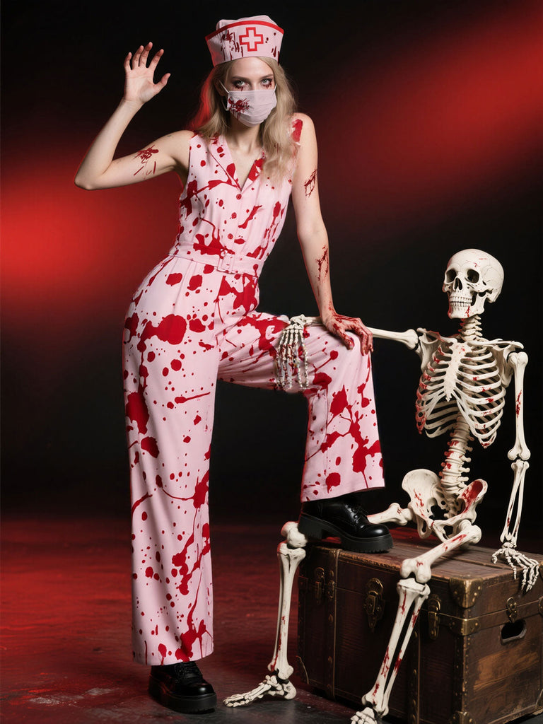 [Prévente] Combinaison sanglante Halloween rose col revers et ceinture années 1930