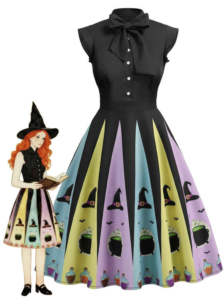 [Prévente] Robe trapèze col noué d'Halloween chapeau de sorcière des années 1950