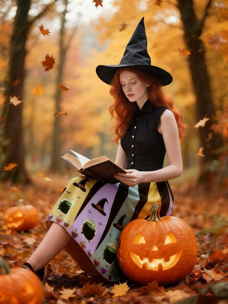 [Prévente] Robe trapèze col noué d'Halloween chapeau de sorcière des années 1950