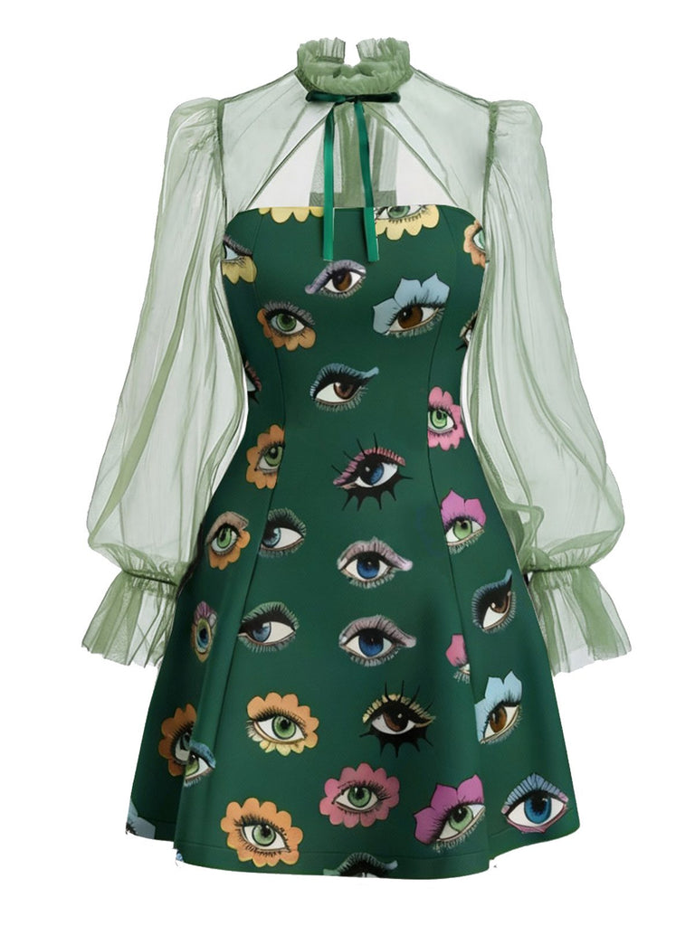 [Prévente] Robe verte manches en maille imprimé œil gothique Halloween années 1960