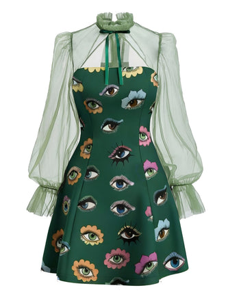Robe verte manches en maille imprimé œil gothique Halloween années 1960