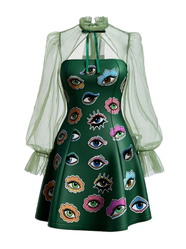 [Prévente] Robe verte manches en maille imprimé œil gothique Halloween années 1960