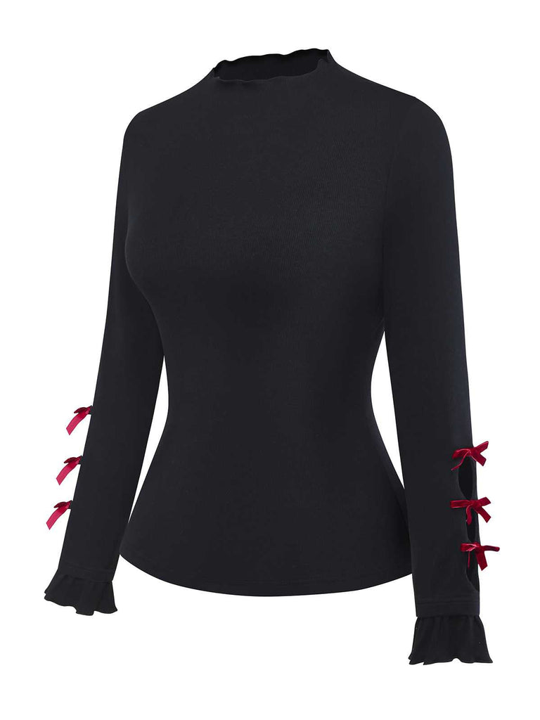 [Prévente] Haut en maille noire à col roulé et nœud décoratif années 50